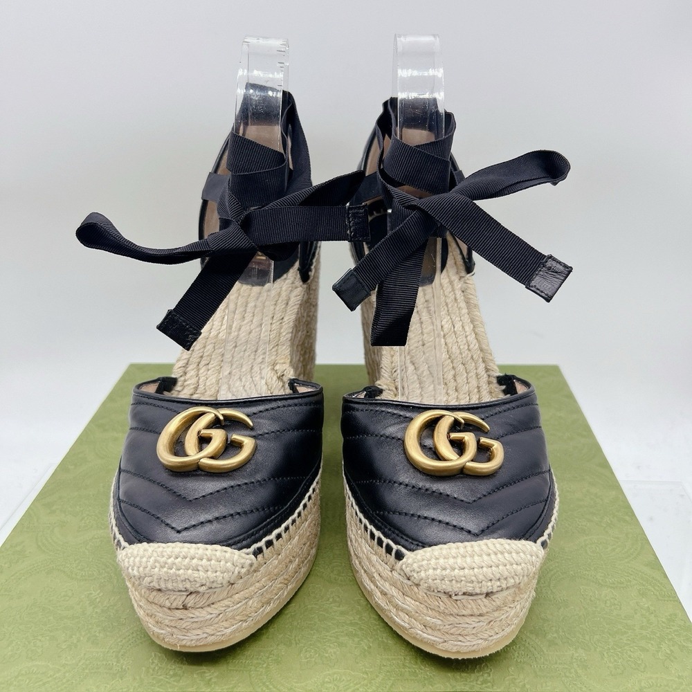 Gucci GG Marmont Platform MATELASSÉ Wedge Heels Espadrille Black Leather EU 40.5 - Picture 5 of 14